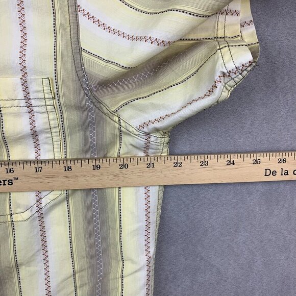 Prana Mens Shirt Large Yellow Vertical Striped Pearl Snap Button Up Southwestern - Picture 7 of 10